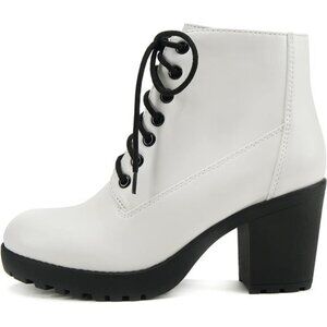 Chunky Heel Combat Ankle Bootie Lace-up with Side Zipper Lug Sole Fashion Boots